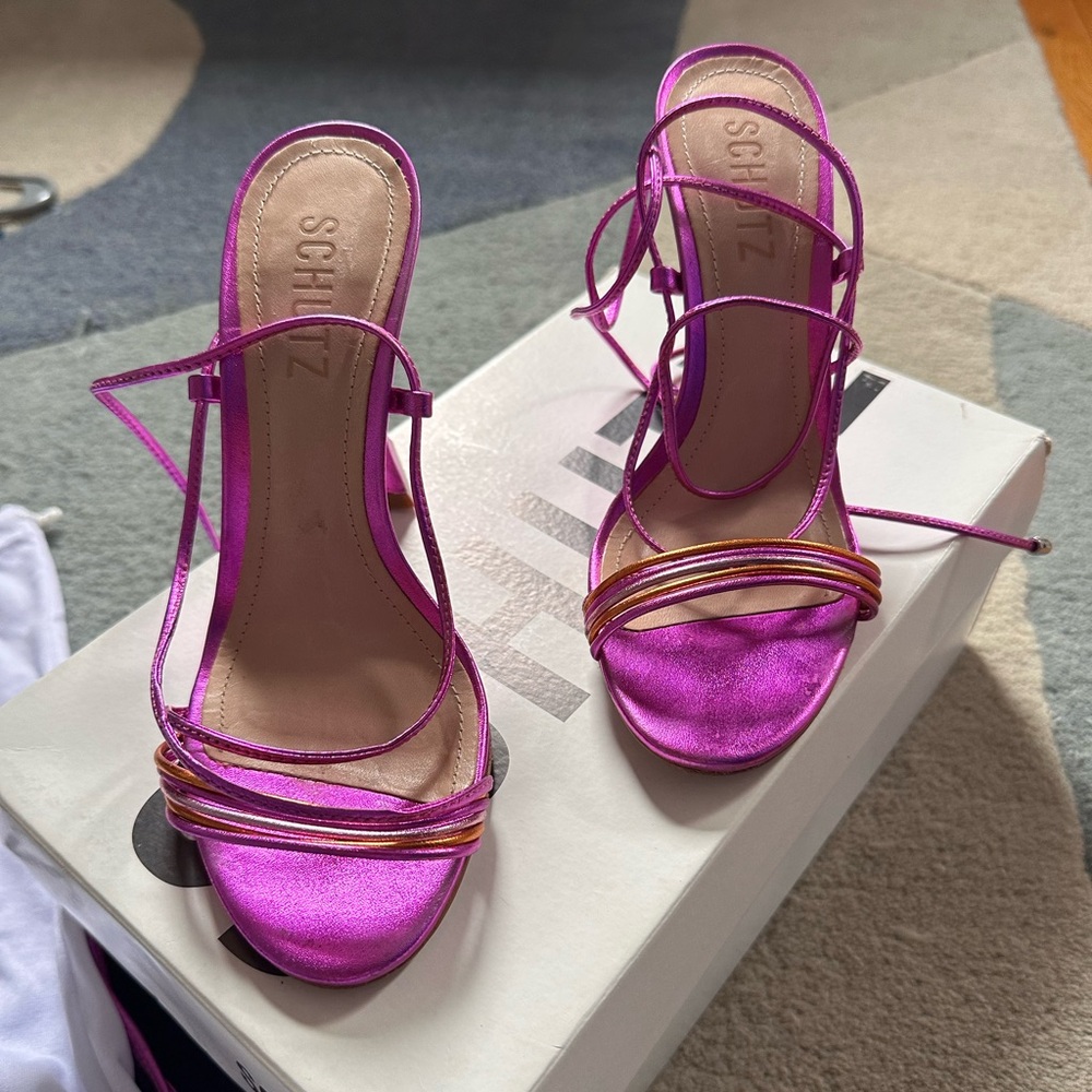 Schutz metallic Napa pink and orange straps heels. Excellent condition